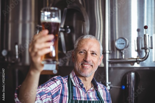 Smiling brewer examining beer glass at brewery photo