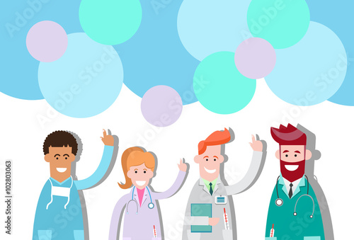 Group Medial Doctors Point Finger To Copy Space Chat Bubble photo