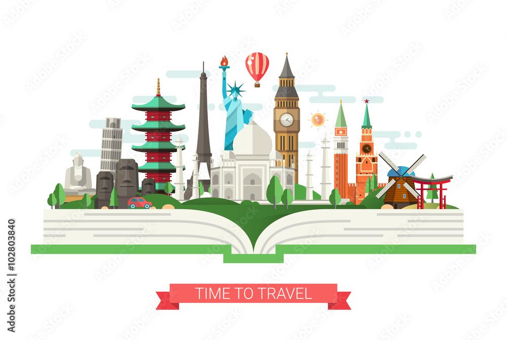 Flat design illustration with world famous landmarks on a book Flat design illustration with world famous landmarks on a book