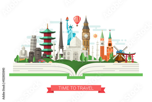 Flat design illustration with world famous landmarks on a book