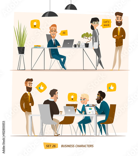 Business characters set. Working time in office