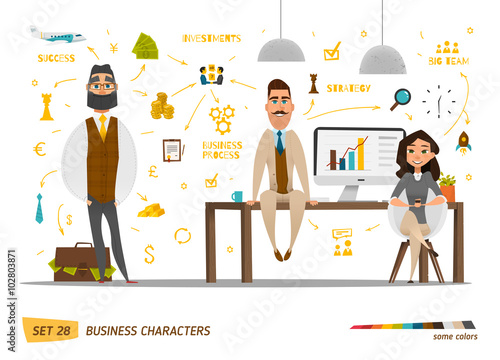 Business characters set. Working time in office