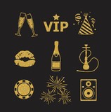 A collection of sparkling gold glitter stylized fancy night club and party icons for flier, banner, typography, web, design