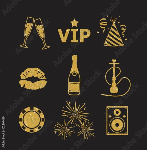 A collection of sparkling gold glitter stylized fancy night club and party icons for flier, banner, typography, web, design
