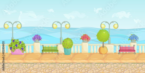 Sunny cartoon seafront landscape, endless vector seaside background for computer games. Stone fence, plants, flowers, benches, paving