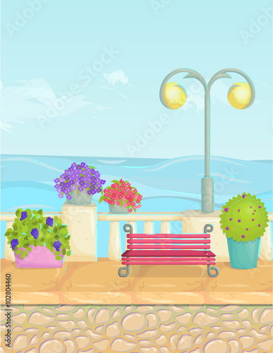 Sunny cartoon seafront landscape, vector seaside background. Stone fence, plants, flowers, benches, paving.