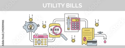 Flat vector thin line scribble header banner illustration of how to pay and calculate utility household facility communal bills.