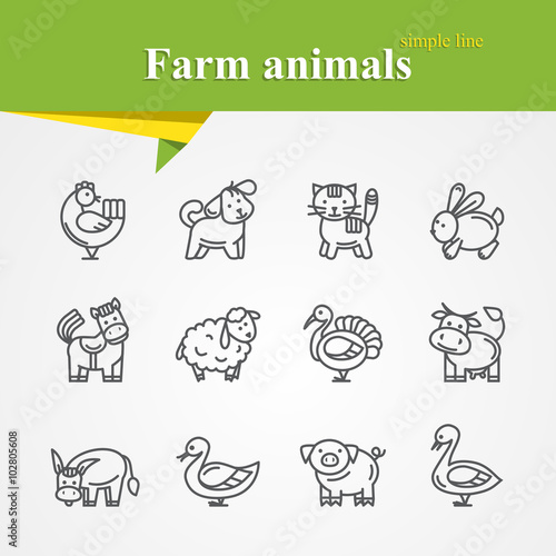 Simple thin line Farm animals icons set with cat rabbit turkey duck goose dog chicken horse lamb turkey donkey pig