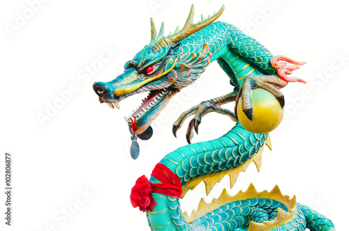 Chinese style green dragon statue isolated on white background