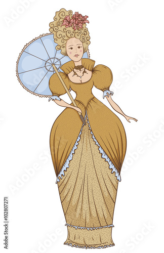 Beautiful woman in vintage dress with umbrella in Baroque style. Hand drawn vector illustration in retro style