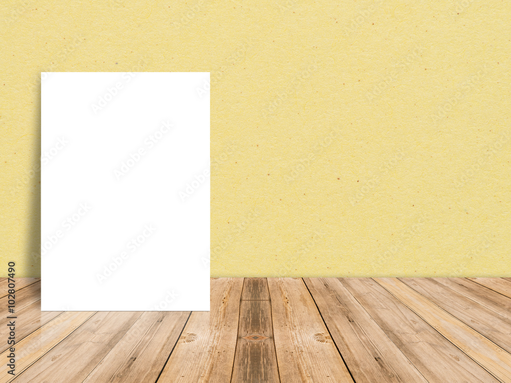 Blank white paper poster at tropical plank wooden floor and paper wall, Template mock up for adding your content,leave side space for display of product Blank white paper poster at tropical plank wooden floor and paper wall, Template mock up for adding your content,leave side space for display of product