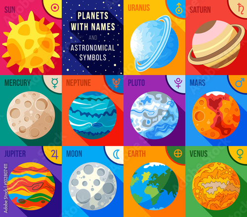 Flat icons set - planets with names and astronomical symbols. Vector astronomic abstract objects