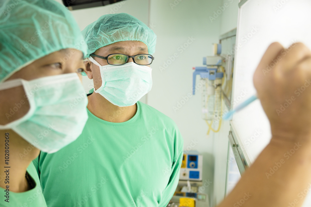 Surgeons writing records and discuss Surgeons writing records and discuss