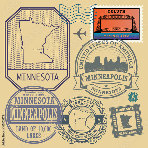 Stamp set with the name and map of Minnesota, United States
