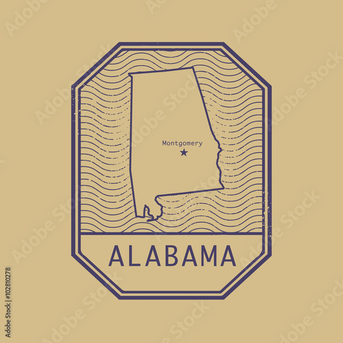 Stamp with the name and map of Alabama, United States