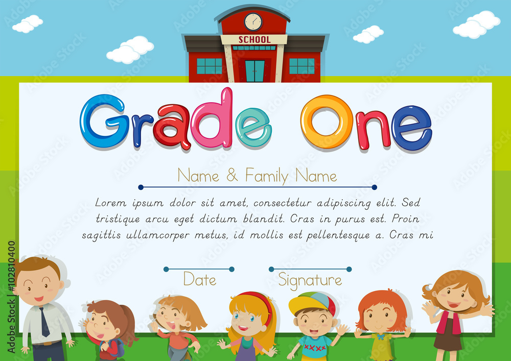 Diploma template with teacher and children in background Diploma template with teacher and children in background