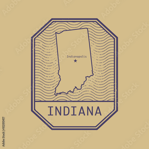 Stamp with the name and map of Indiana, United States
