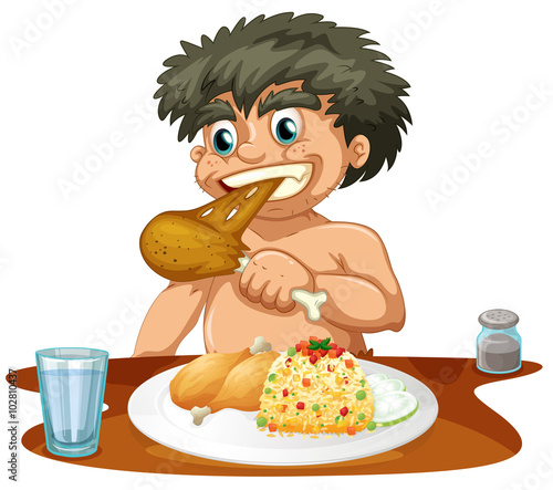 Man eating chicken and rice