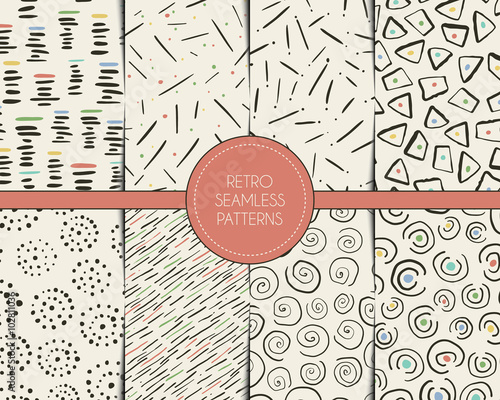 Set of retro style seamless patterns with geometric shapes. Hand drawn abstract vector illustration