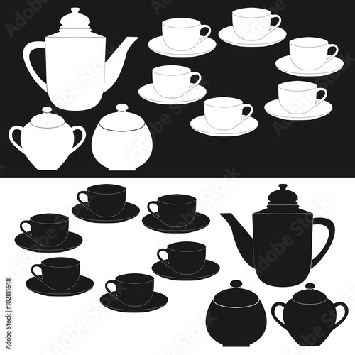 Tea cup and kettle. Tea time . Tea cup and pot label set .Silhou