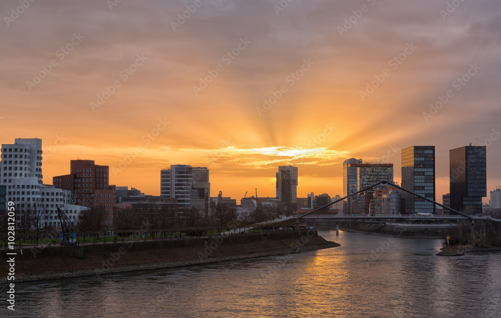 Media harbor  at sunset in Dusseldorf, Germany