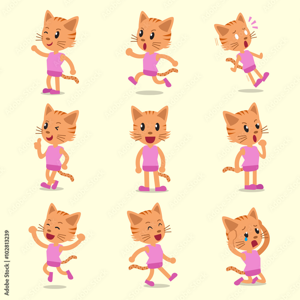 Cartoon cat character poses on yellow background Cartoon cat character poses on yellow background