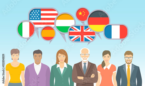 Foreign language school for adults. Group of different men and women with speech bubbles, flags of different countries. Business international communication flat vector illustration. 