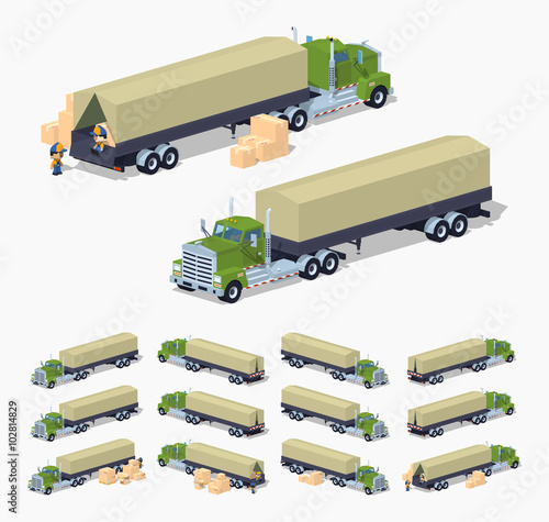 Green heavy truck and trailer with the tarpaulin tent. 3D lowpoly isometric vector illustration. The set of objects isolated against the white background and shown from different sides