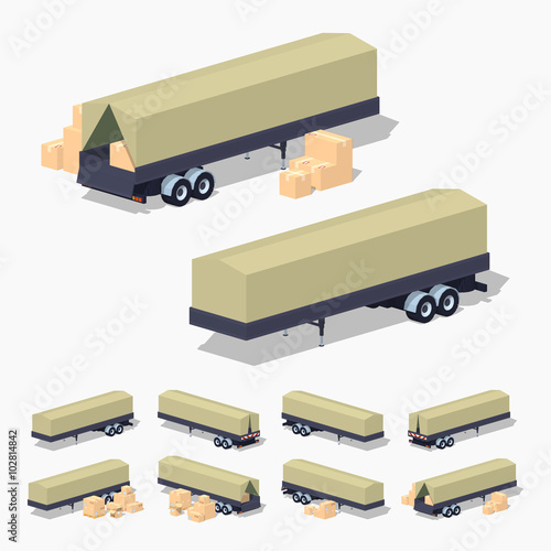 Trailer with the tarpaulin tent. 3D lowpoly isometric vector illustration. The set of objects isolated against the white background and shown from different sides