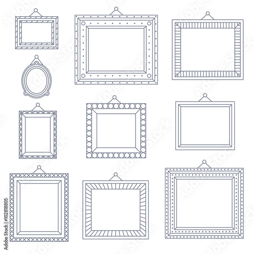 Line Art Frame Photo Picture Painting Decoration Drawing Symbol Template Icon Set on Stylish Black Background Retro Vintage Flat Design Vector Illustration