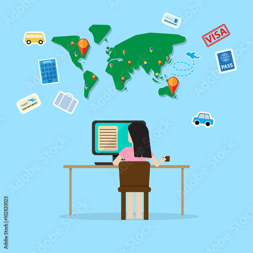girl sit in front of computer planning for travel trip