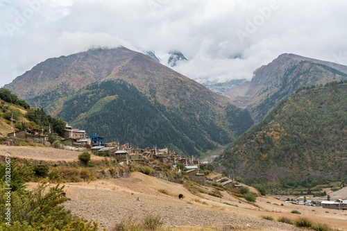 Traditional stone build village. Annapurna circuit in Nepal. photo