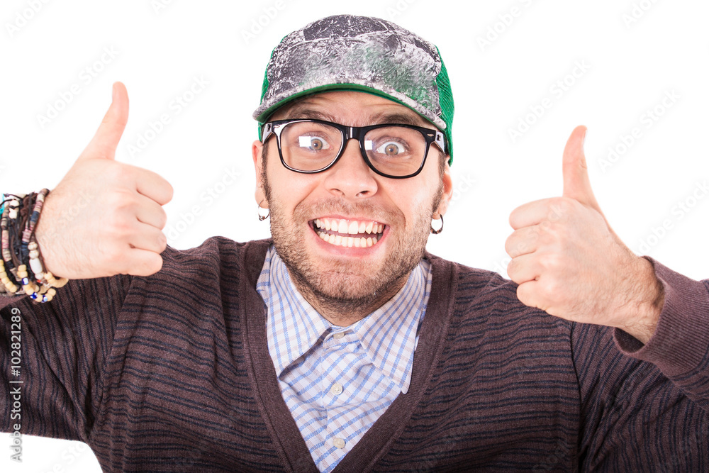 Bearded Guy in Cap Glasses Shows Thumbs Laughs Bearded Guy in Cap Glasses Shows Thumbs Laughs