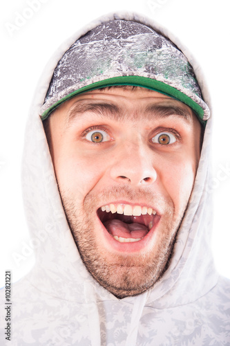 Handsome Bearded Guy in Hoody Grimaces Bares Teeth