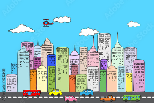 illustration of city skyscraper colorful hand draw stlye