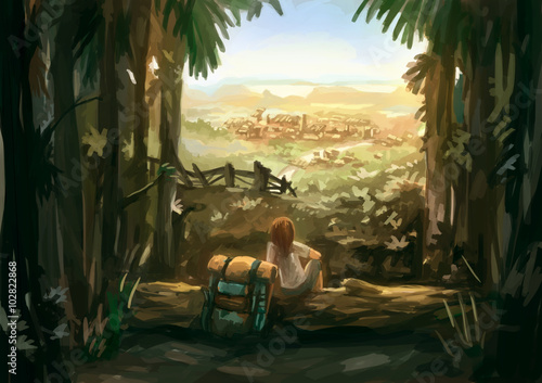 illustration digital painting rural traveler