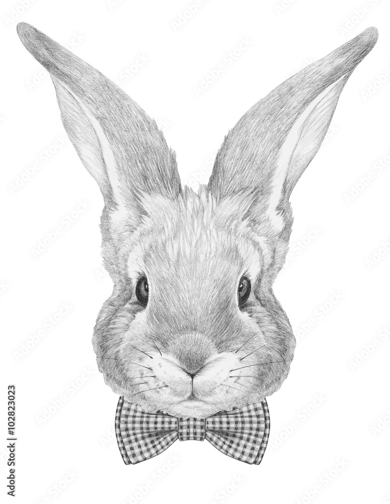 Fototapeta premium Portrait of Rabbit with bow tie. Hand drawn illustration.