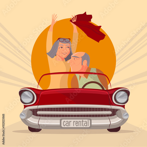 Vector illustration. Grandparents took in car rental and travel together