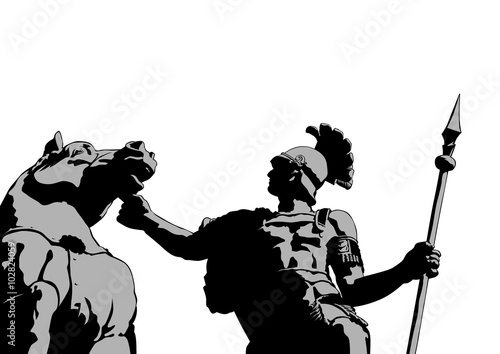 Roman legionary with a horse on a white background