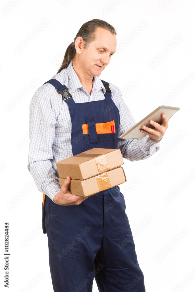 Beautiful portrait of a delivery man. White background. Beautiful portrait of a delivery man. White background.