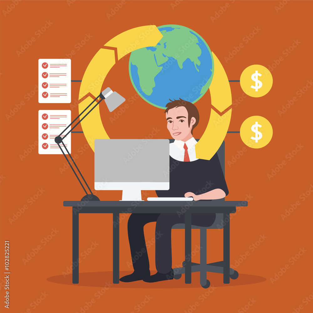 The working process. Young man working financier with the world. Vector illustration, infographics The working process. Young man working financier with the world. Vector illustration, infographics