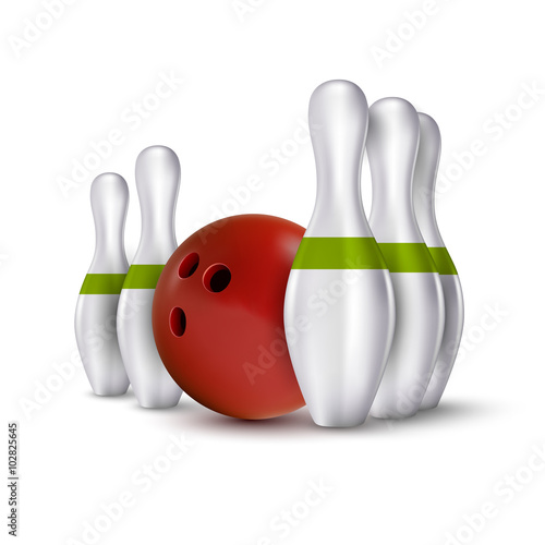 Ball and pins of bowling. Vector realistic skittles with ball is