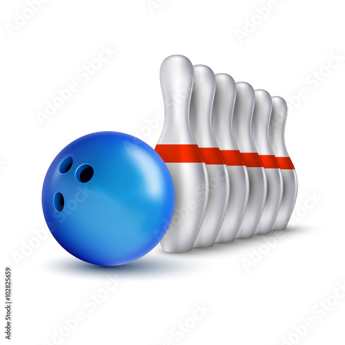 Ball and pins of bowling. Vector realistic skittles with ball is