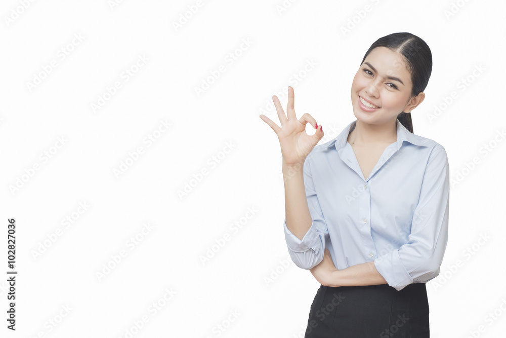 business woman hand okay isolated on white background, asian bea business woman hand okay isolated on white background, asian bea