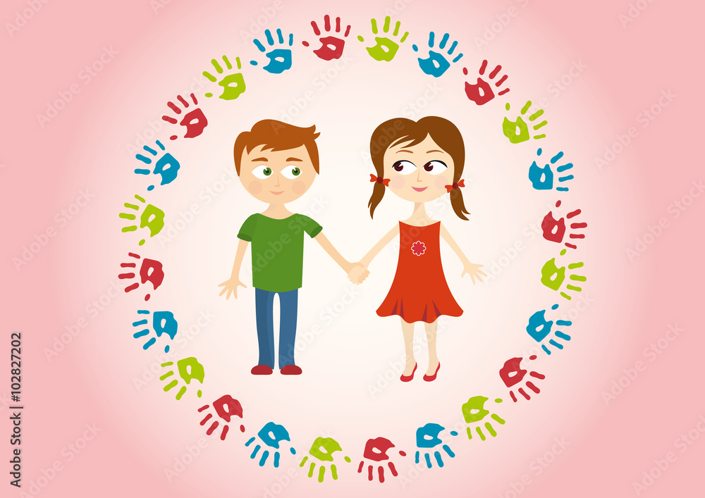 Two children holding hands amorously. Cute background with kids and handprints. Two children holding hands amorously. Cute background with kids and handprints.