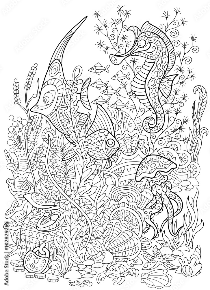 Fototapeta premium Zentangle stylized cartoon fish, seahorse, jellyfish, crab, shellfish and starfish isolated on white background. Hand drawn sketch for adult antistress coloring page.