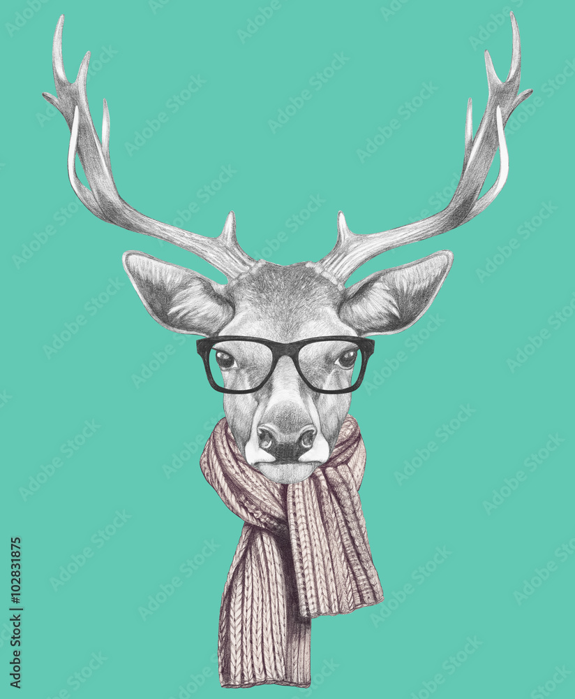 Portrait of Deer with glasses and scarf. Hand drawn illustration.