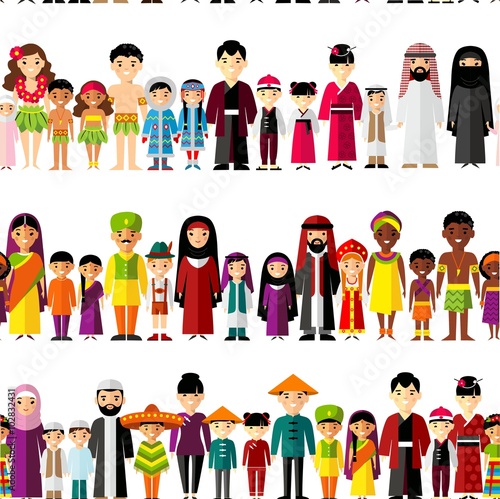 Seamless background with set of multicultural national family.
