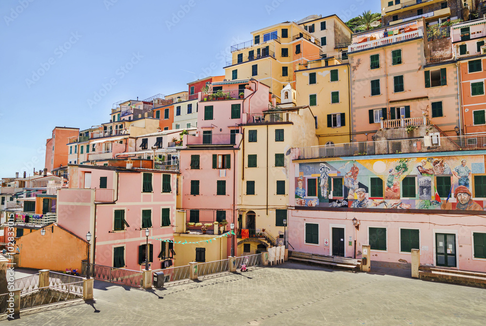 Buildings architecture in Cinque Terre region, Riomaggiore village, one of the most attractive region in Italy and world.