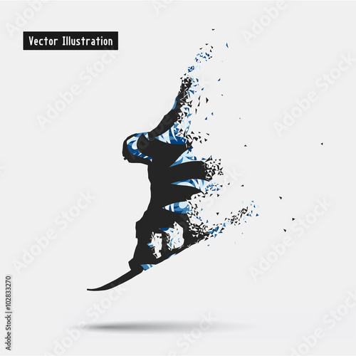 Snowboarding. Vector eps10 illusration. Particle divergent composition